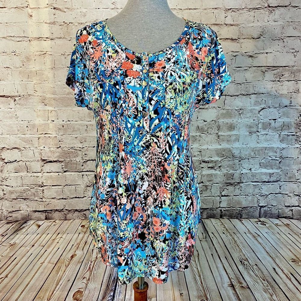 Cocomo Womens Tunic Blouse Top Floral Tropical Button Multicolor Size Medium